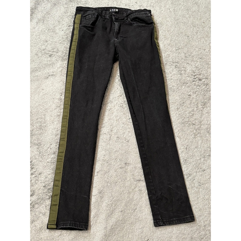 Cuidado con el Perro Mens Skinny Jeans Black Olive Green Side Stripe 30x29